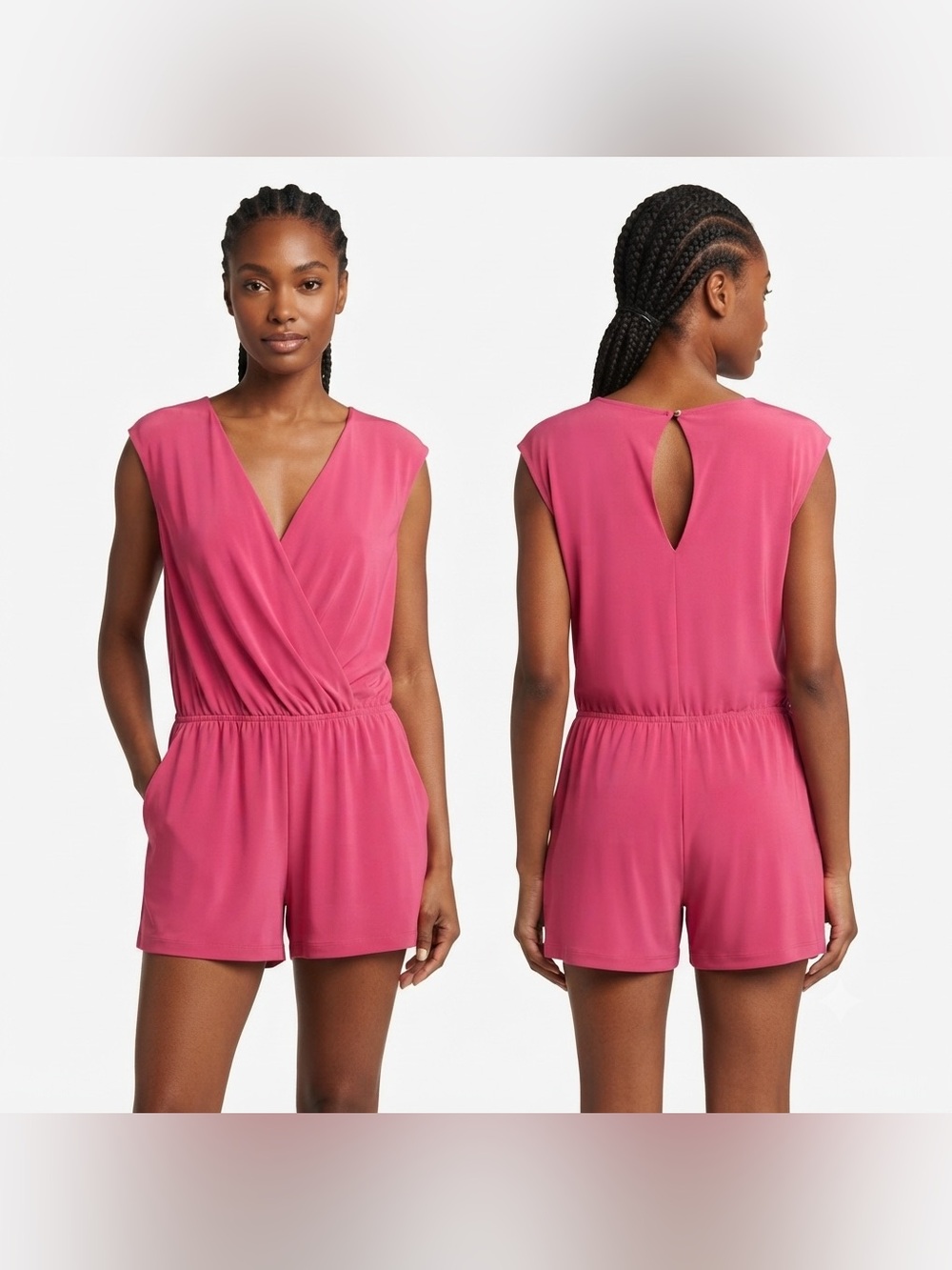 BCBGMaxAzria Hot Pink Draped V‑Neck Romper